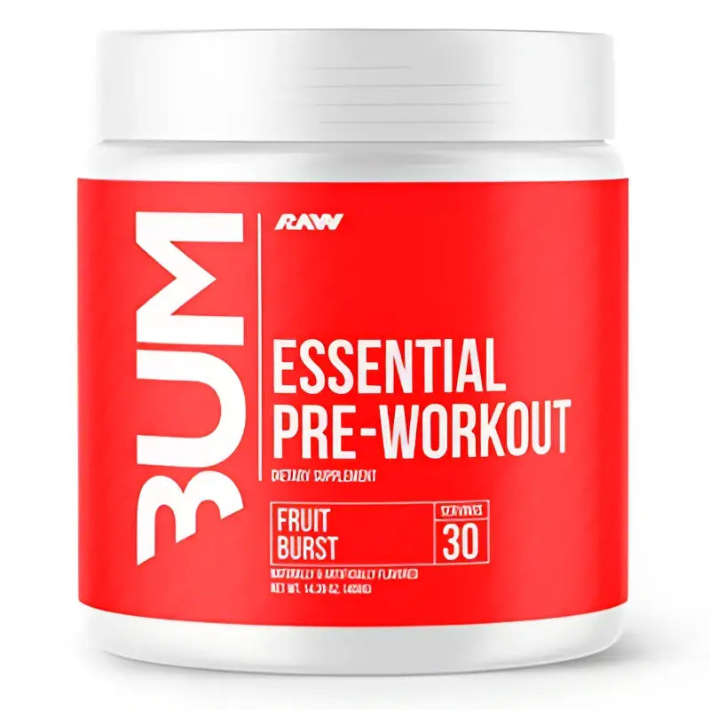 Envase rojo y blanco de raw essential pre workout sabor fruit burst para uso pre entreno esencial pre